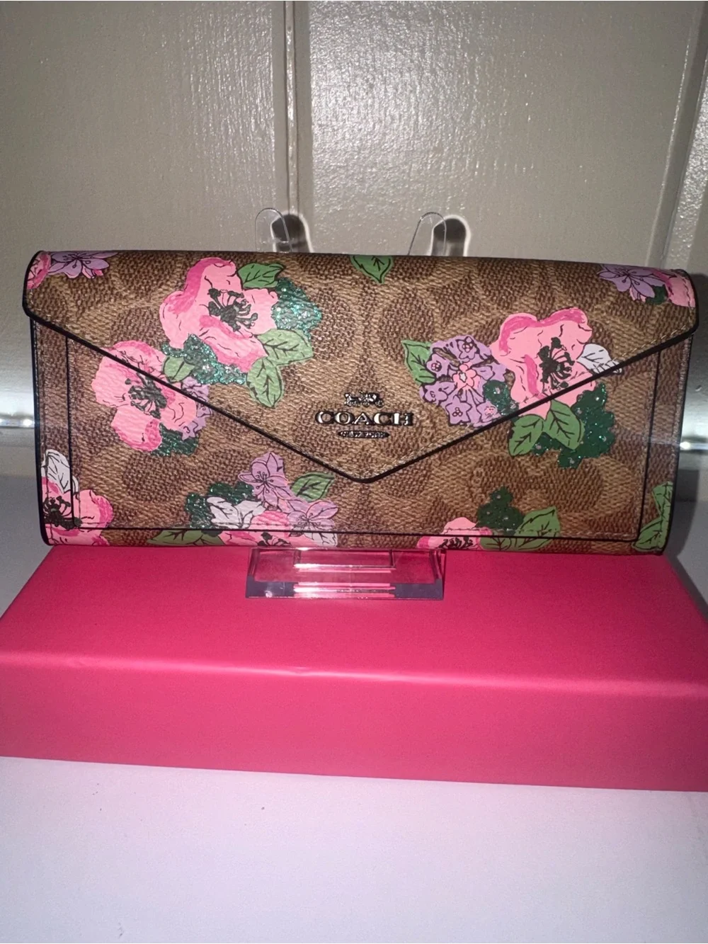 Like NEW & Rare Coach Brown Signature Floral Envelope Clutch with Pink Flowers